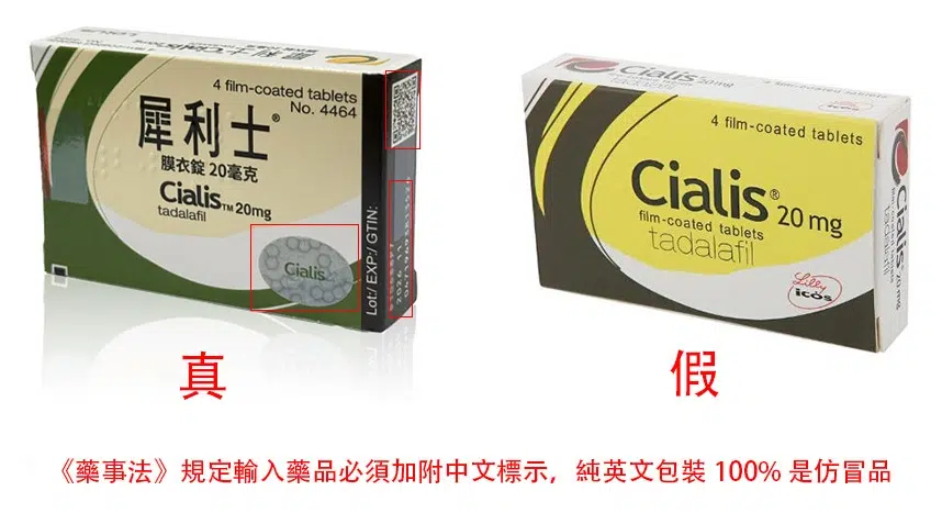 犀利士真假藥包裝對比圖,左為台灣正品繁中包裝,右為純英文假藥版本
